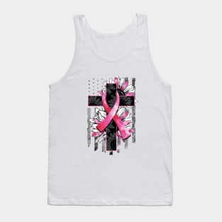 Breast Cancer ribbon with Cross & Flag Tank Top